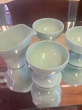 Glossy Mint Green Melamine Dessert Bowls with Matching Creamer